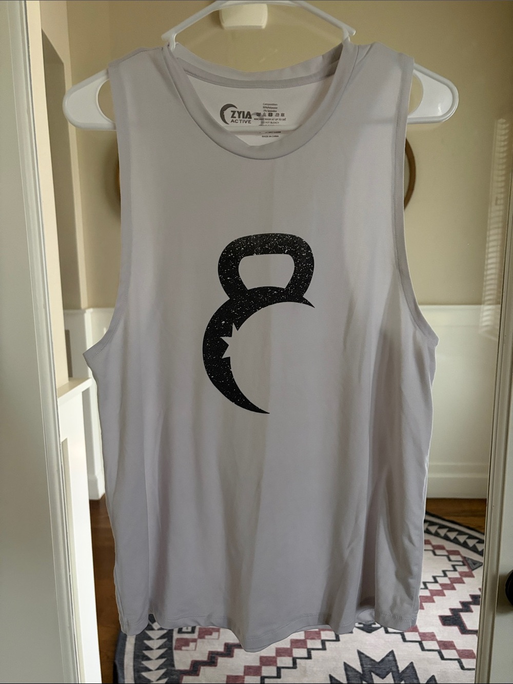 ZYIA White Muscle Tee with Black Kettlebell & Crescent Moon Graphic